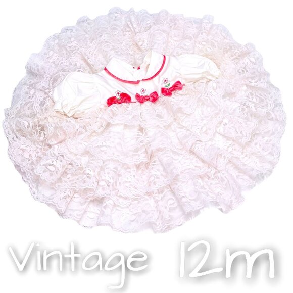 Vintage Baby Girl Flower Embroidered Lace Full Circle Frill Dress 12m - Picture 1 of 12